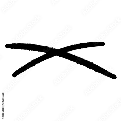 Grunge-style black ink cross mark with rough, textured brush strokes. Distressed and bold X symbol, perfect for emphasis, rejection, cancellation, or striking out elements in creative designs.