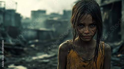 A girl with a dirty face and tattered torn clothes stands against the background of a slum. The concept of poverty
