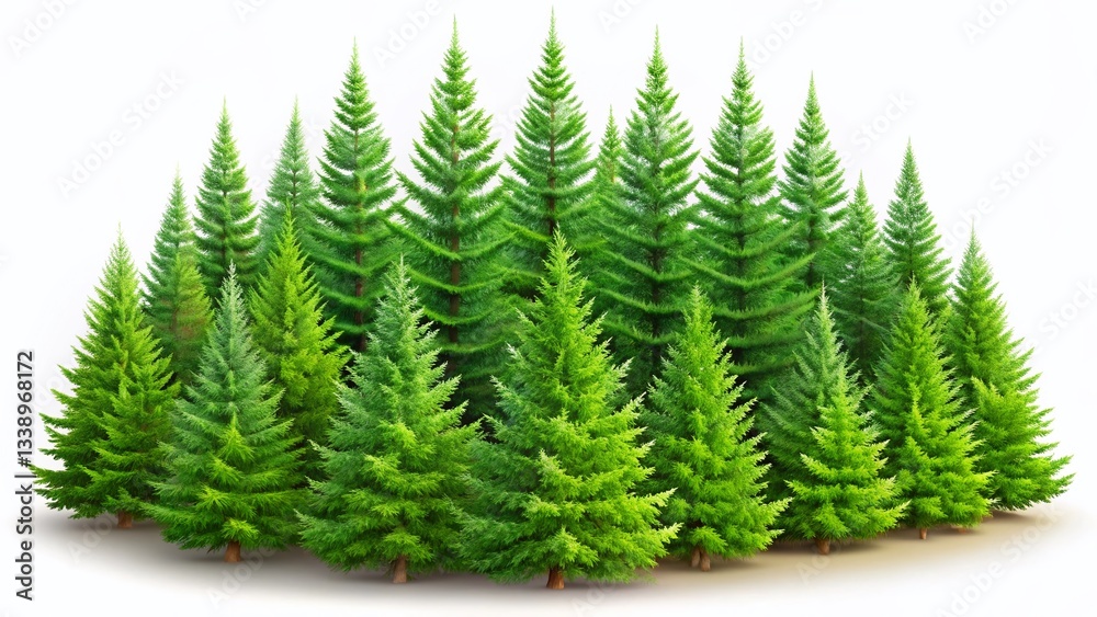 Lush Evergreen Forest Cluster Isolated, Green Conifer Trees, Woodland Scenery, Nature Landscape Stock Photo Lush Evergreen Forest Cluster Isolated, Green Conifer Trees, Woodland Scenery, Nature Landscape Stock Photo