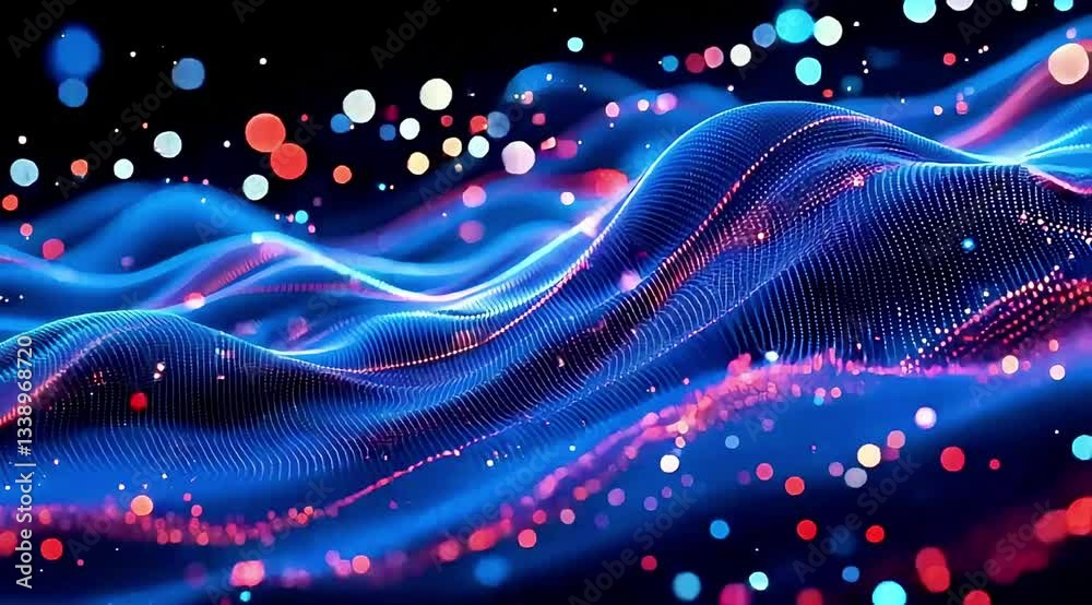 Abstract blue and red waves with bokeh lights on a dark background