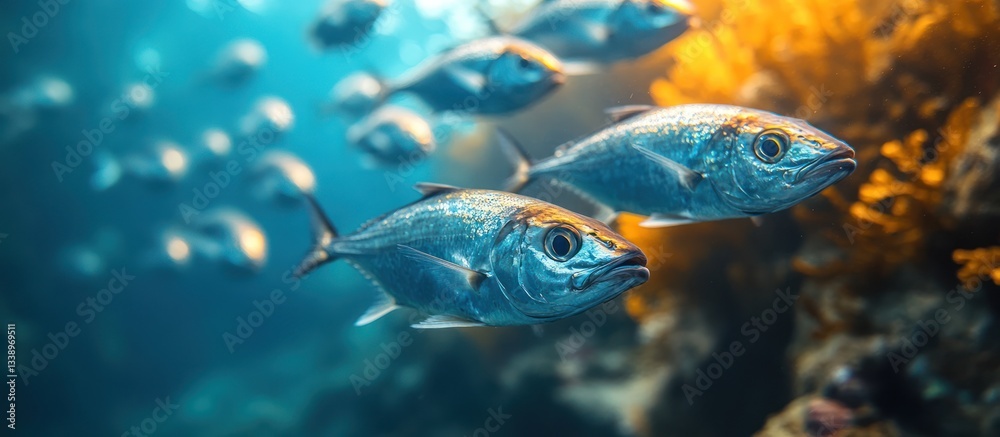 Naklejka premium School of fish swimming near a vibrant coral reef in clear blue ocean water.