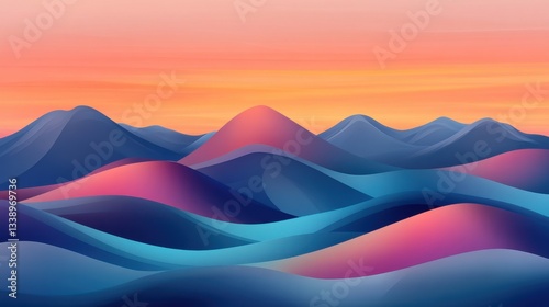 A vibrant, stylized landscape featuring rolling hills and a colorful sunset, blending shades of pink, blue, and purple in smooth, flowing lines.