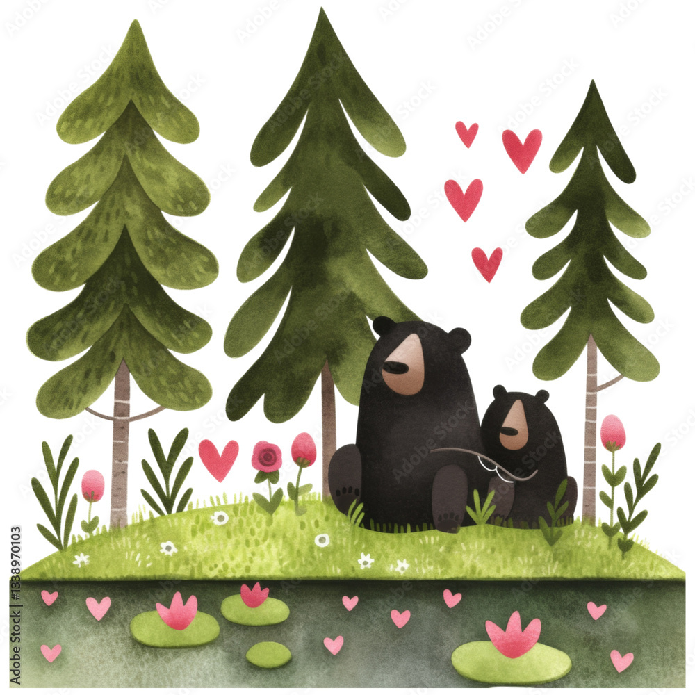 Naklejka premium Cute bears sitting in forest with hearts around them, surrounded by trees and flowers, creating loving and serene atmosphere