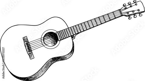 Acoustic guitar, black and white illustration, simple line drawing, musical instrument, six strings, guitar body, fretboard, sound hole, tuning pegs, guitar bridge, minimalist design, monochrome sketc