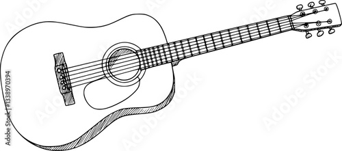 Acoustic guitar, black and white illustration, simple line drawing, musical instrument, six strings, guitar body, fretboard, sound hole, tuning pegs, guitar bridge, minimalist design, monochrome sketc