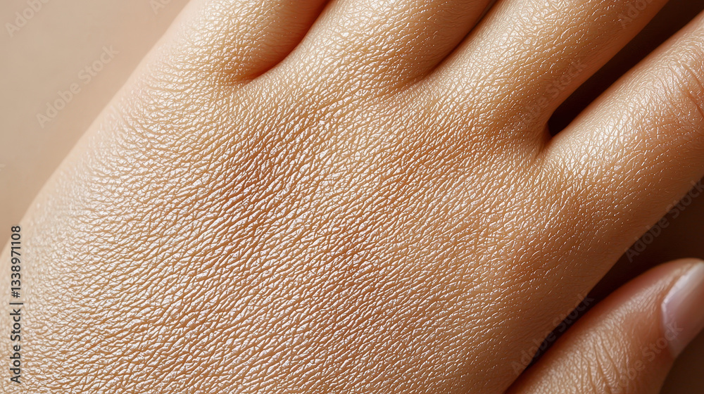 Fototapeta premium Skin texture of a human hand shows fine details, illuminated by gentle natural light, emphasizing its uniqueness and softness