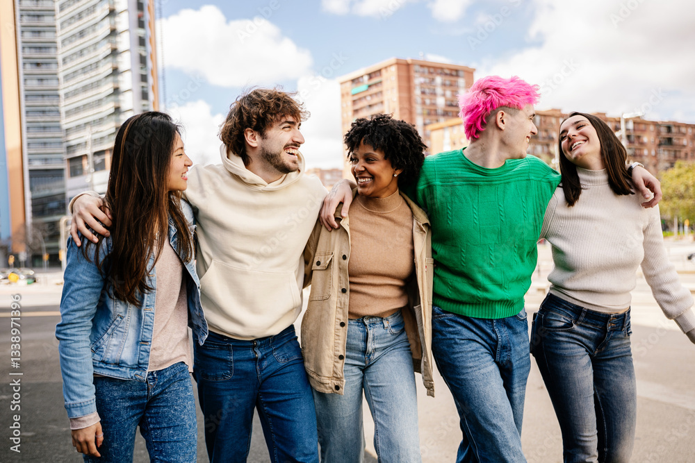 Φωτογραφία Young group of diverse happy millennial people having fun hugging each other walking together at city street