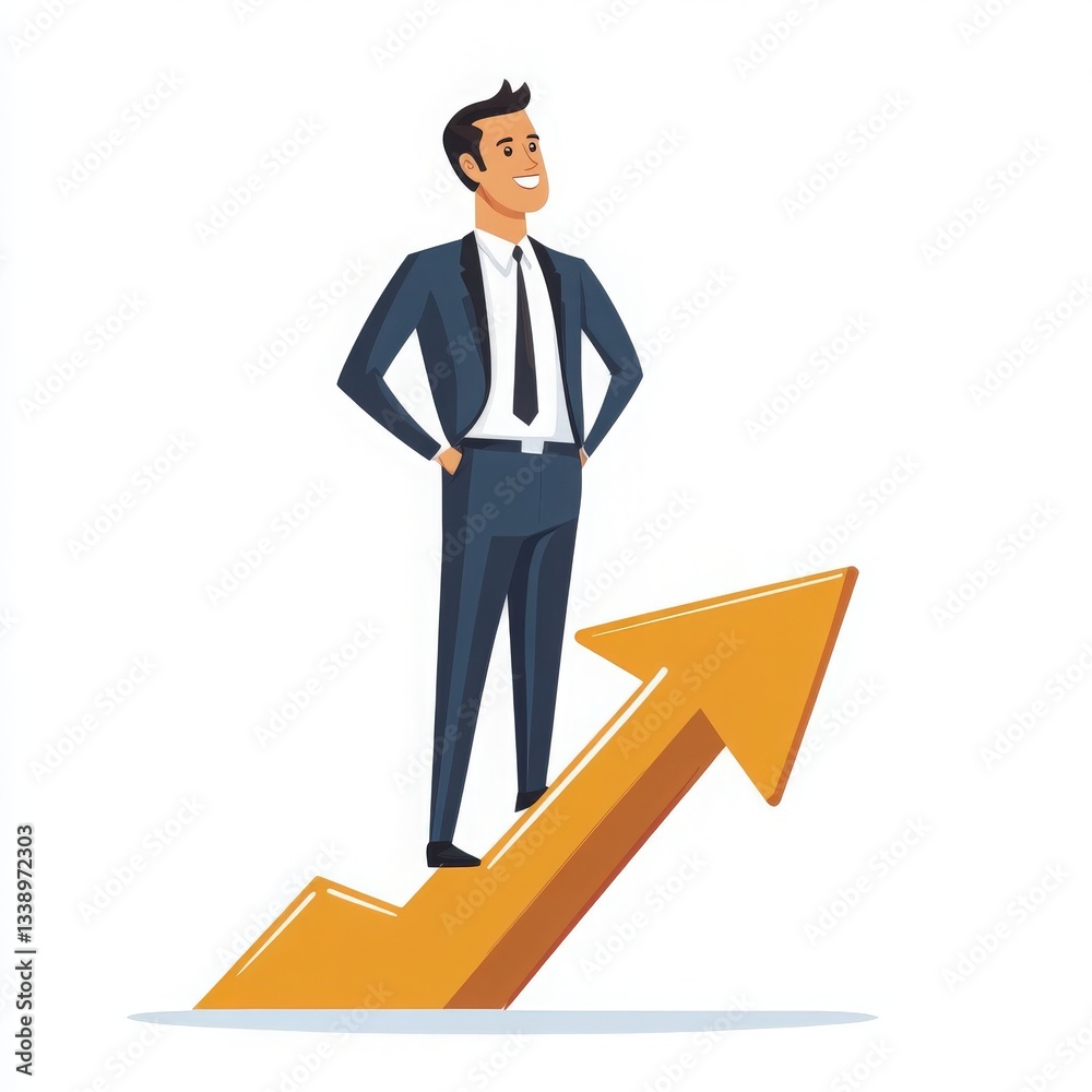 Smiling Businessman on Golden Upward Arrow Pixel Art Success Illustration Smiling Businessman on Golden Upward Arrow Pixel Art Success Illustration