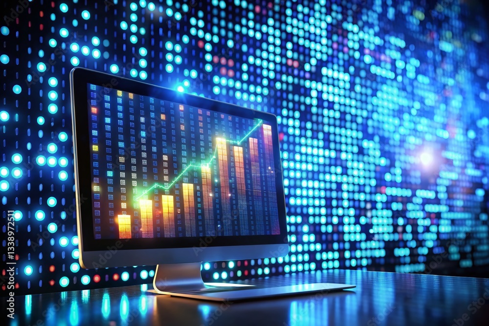 Fototapeta premium Low Light Computer Screen Displaying Increasing Numbers, Financial Data, Growth, Statistics, Millions