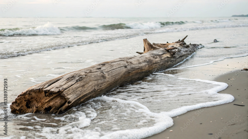 Driftwood on the Shore with Gentle Waves and Calm Horizon in Soft Light Driftwood on the Shore with Gentle Waves and Calm Horizon in Soft Light