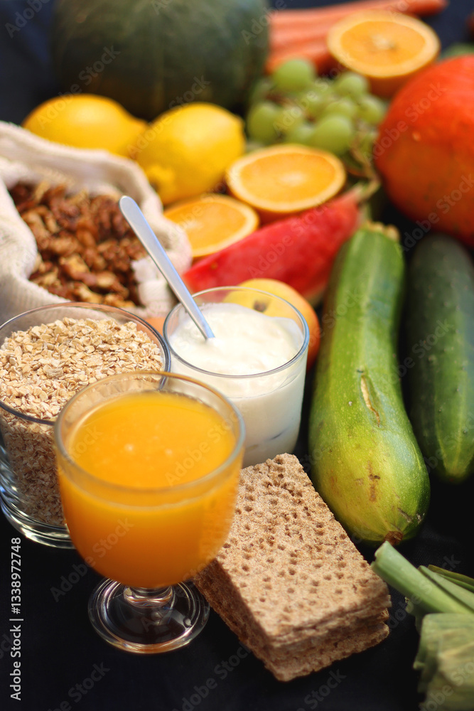 Various healthy fruits, vegetables and cereals on dark background. Selective focus.