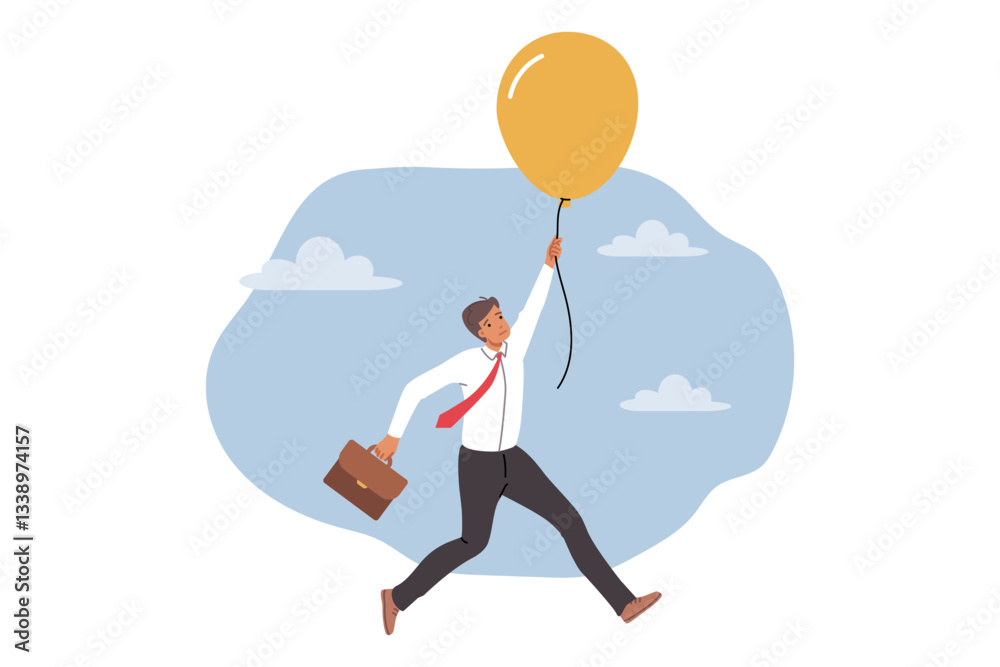 Frightened business man holding on to flying balloon, afraid of failure due to risky actions. Frightened guy got involved in adventure and needs help to get out of difficult situation