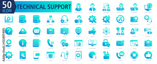 Technical Support Icon Set with Customer Services, Customer Services, Conversation, Online Support, Online Support, Support Services, Guide, Server, Server and Network	
