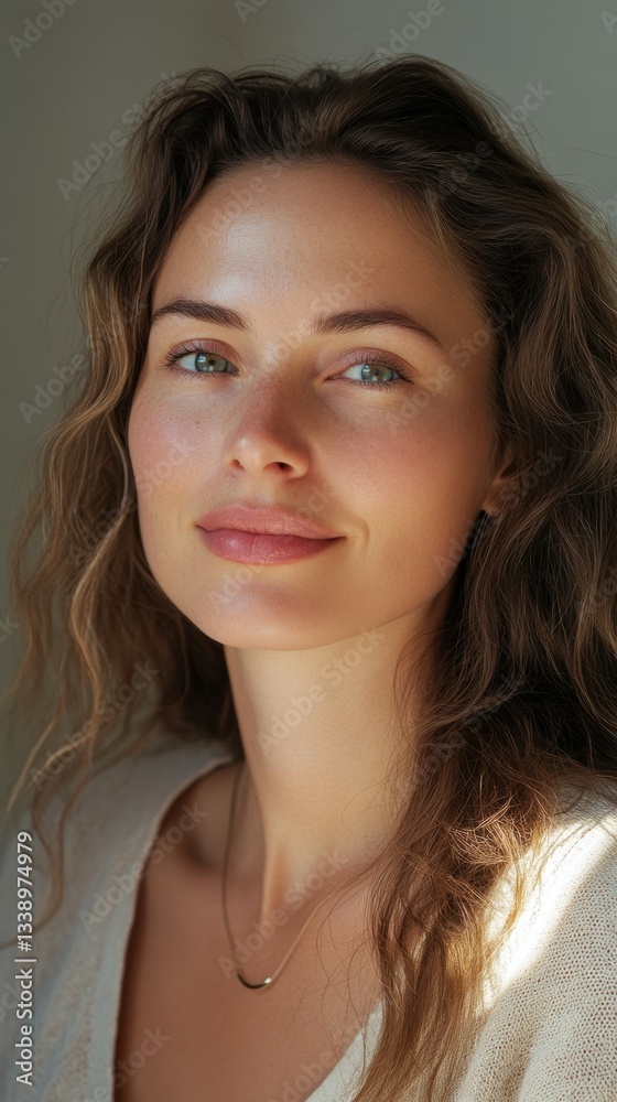 Naklejka premium A woman with natural makeup looks at the camera with a soft smile, her skin glowing in the sunlight