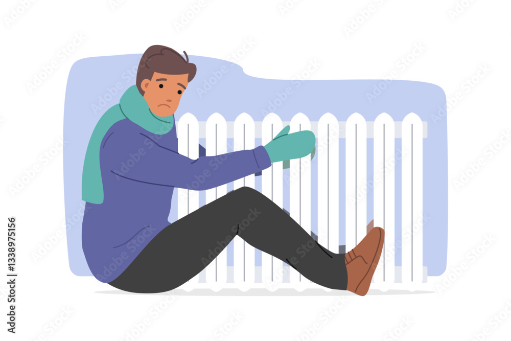 Freezing man hugs radiator to escape cold due to sharp drop in temperature in apartment. Freezing guy in scarf and gloves suffers because of increase in home heating tariffs, forcing to save money