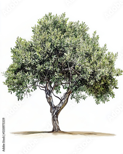 watercolor Holm oak tree isolated on white background for landscape and architecture drawing
