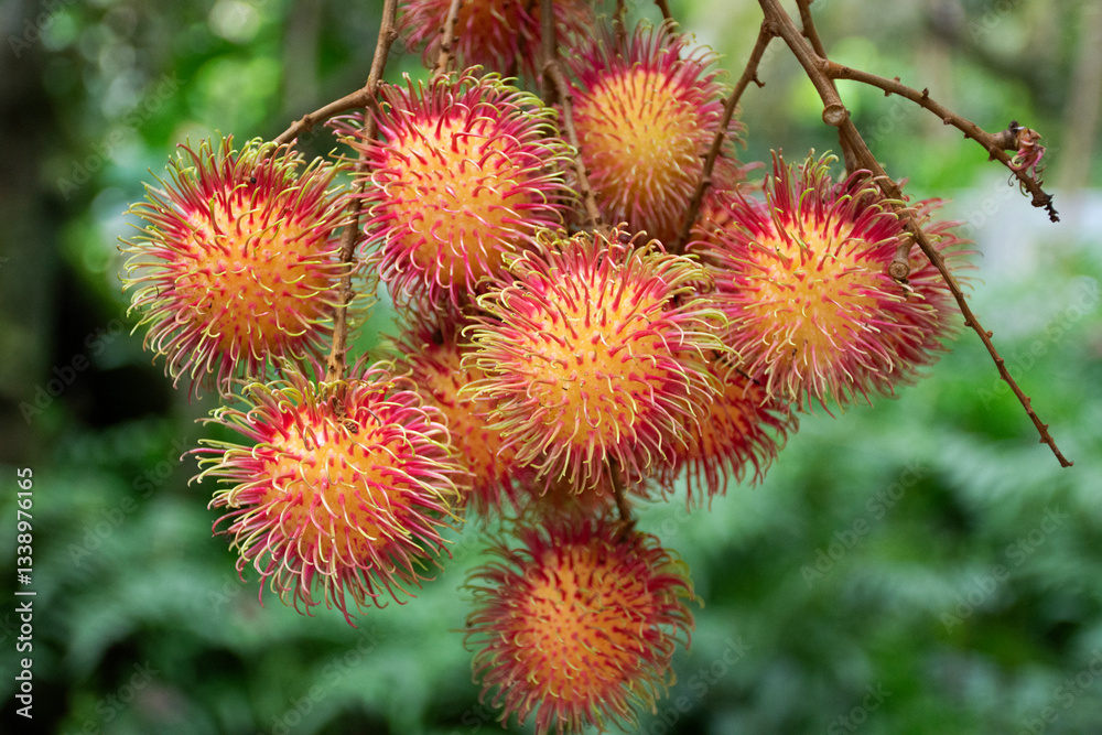 Rambutans fruits on tree branch at outdoor of orchard in Rayong, Thailand Rambutans fruits on tree branch at outdoor of orchard in Rayong, Thailand