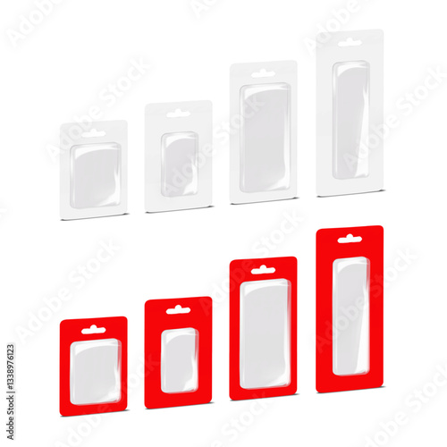 Hanging euro hole cardboard back clear plastic blister box. Square and long rectangle. 3d mockup set. Transparent individual sleeve product package. Realistic vector mock-up. Easy editable template