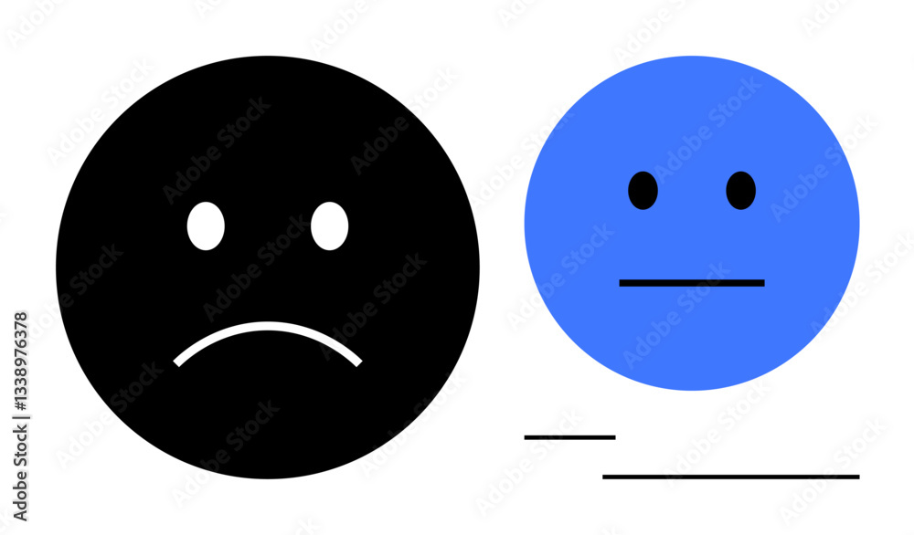 Fototapeta premium Two simple faces representing emotions, one sad and black, the other neutral and blue. Ideal for psychology, emotion, mood, communication, mental health social media visual storytelling. Flat
