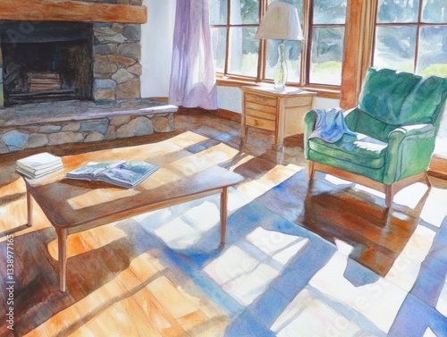 Sunny living room, armchair, fireplace, books, calm
