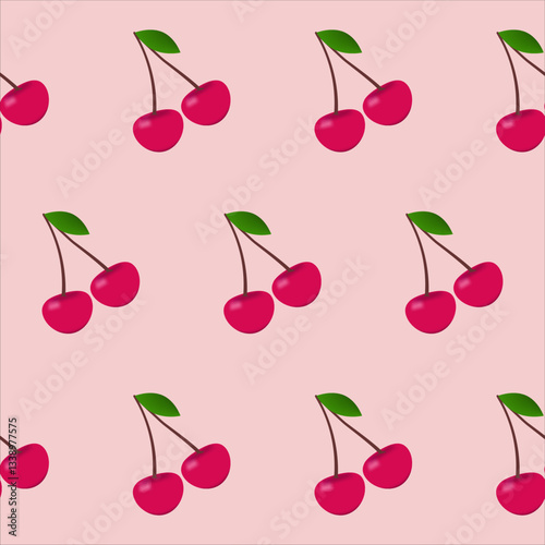Seamless pattern of red cherries with green leaves on pink background