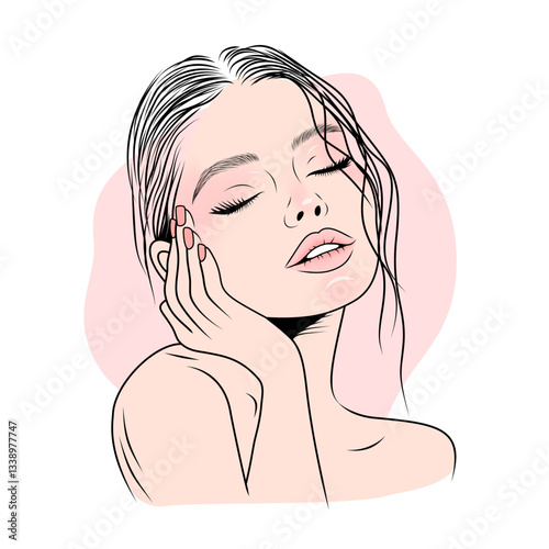 Minimalist Vector Design of a Woman's Face with Closed Eyes and Pink Background, Featuring Hand Gesture and Colored Nails for Beauty Art and Modern Illustration, Vector Design