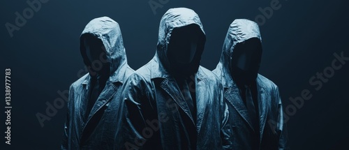 Three people wearing hooded coats stand in front of a dark background