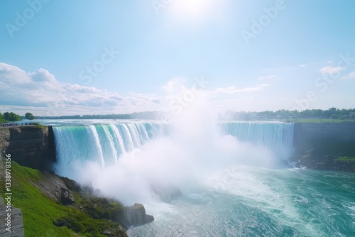 Stunning waterfall cascading over cliffs, vibrant turquoise waters below, sunlit sky creating a serene natural scene.