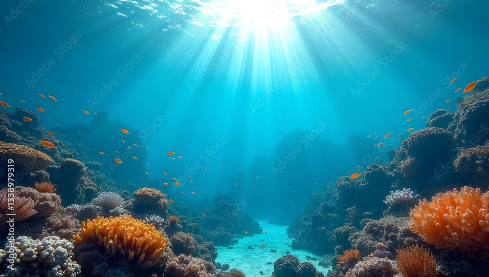 Fototapeta premium Pristine Coral Reef Ecosystem with Sunbeams Filtering Through