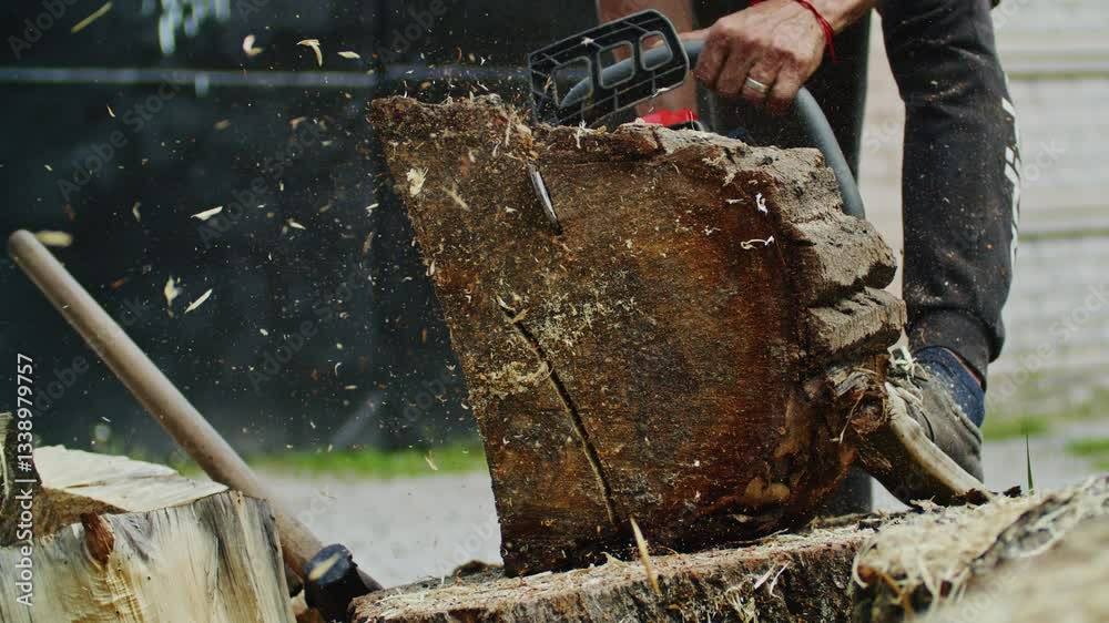 Close-up of a worker using a chainsaw to cut a thick log, with wood chips and sawdust flying. The worker s foot stabilizes the log while gripping the handle of the chainsaw. An axe rests on a chopped