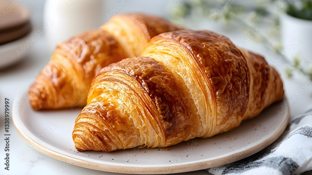 Freshly baked croissants on a white plate in a cozy cafe setting. Generative AI Freshly baked croissants on a white plate in a cozy cafe setting. Generative AI
