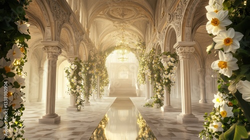Spring festive marble stairs and arches with daffodil flowers and green leaves decorations, fantasy palace, stone spiral stair with floral garlands, fairytale princess castle interior, AI generated