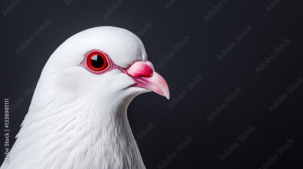 Obraz premium White pigeon stands against a dark gray background, its vibrant red eye and pinkish beak clearly visible in the studio lighting, showing off smooth fe