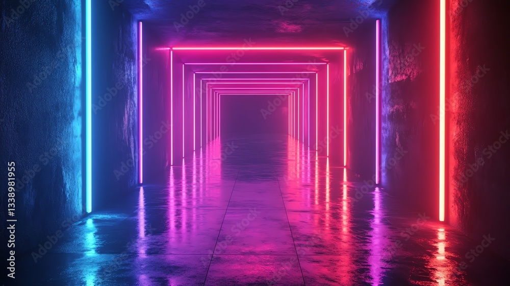 Fototapeta premium Illuminated Corridor with Neon Lights Glowing on Concrete Architecture Tunnel