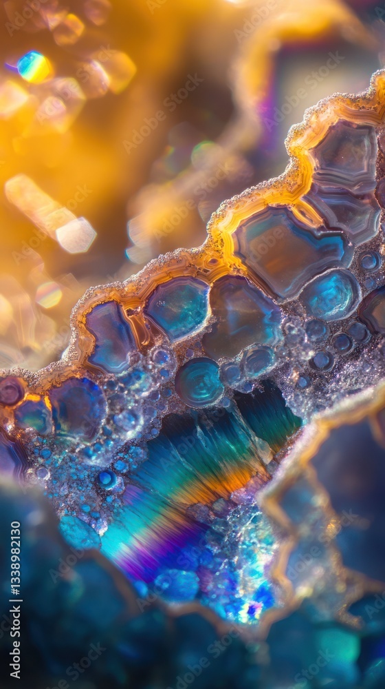 Fototapeta premium Macro shot of natural rainbow agate gem or mineral texture background, organic stones patterns and colors. Abstract geological ornaments unique structures, AI generated
