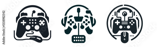 Conjunto de joysticks de jogos em estilo minimalista de linha moderna preta, silhueta para logotipo, vector eps10, modelo em branco em fundo clipart isolado transparente para design e branding