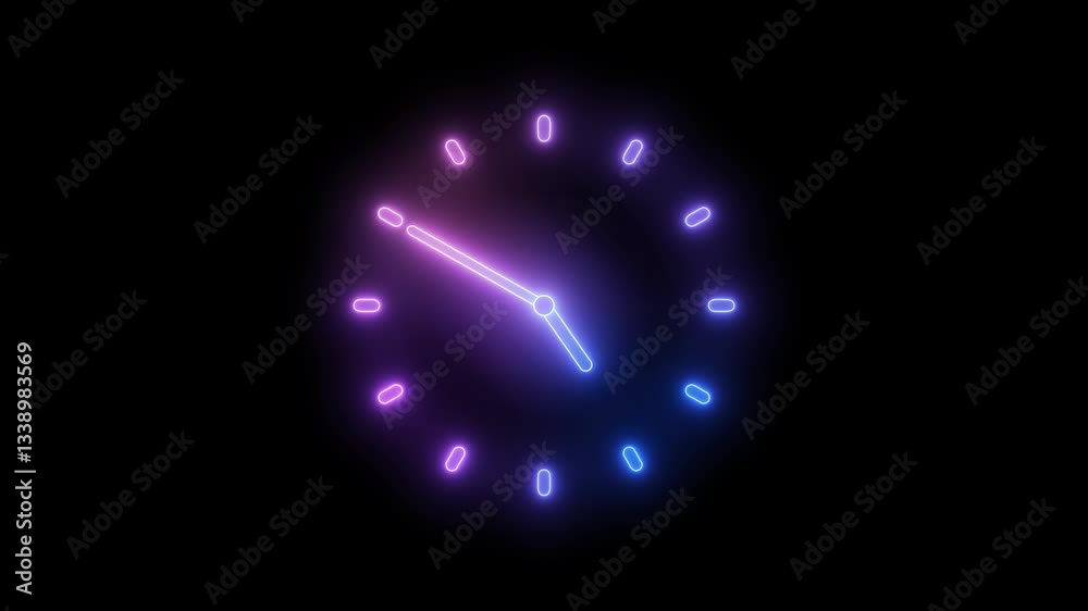 Glowing rainbow colors simple minimalist analog clock isolated animation on a black background