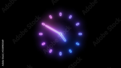 Glowing rainbow colors simple minimalist analog clock isolated animation on a black background