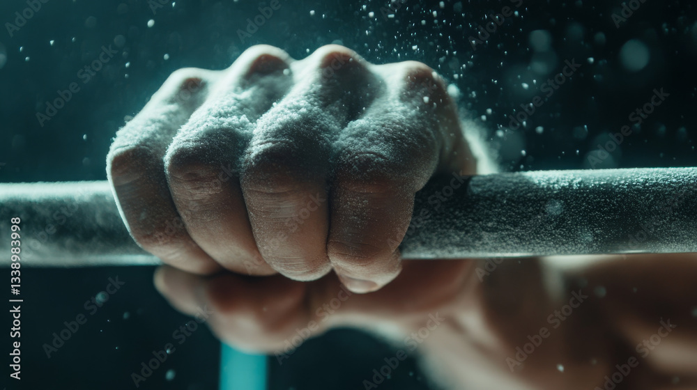 Fototapeta premium A determined athlete firmly grips a barbell covered in chalk, focusing on strength training. The gym's dramatic lighting highlights the intensity and effort involved in the workout