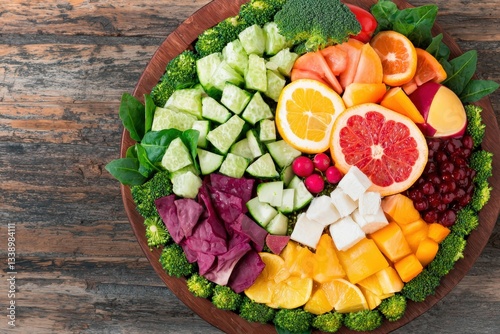 Minimal concept with A beautifully arranged globe crafted entirely from diverse fruits and vegetables, with leafy greens and broccoli outlining the continents, emphasizing the importance of organic