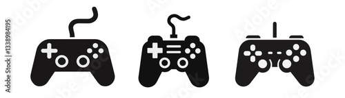 ブラックモダンラインミニマリズムスタイルのゲームジョイスティックのセット、ロゴのシルエット、vector eps10、透明な孤立クリップアート背景のデザインテンプレート。