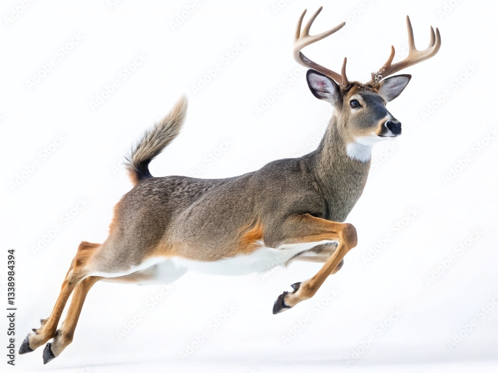 Fototapeta premium Jumping White-Tailed Deer Isolated on White Background - Wildlife Stock Photo