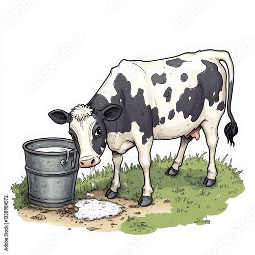 Black and White Cow Drinking from Metal Bucket in Grassy Field
