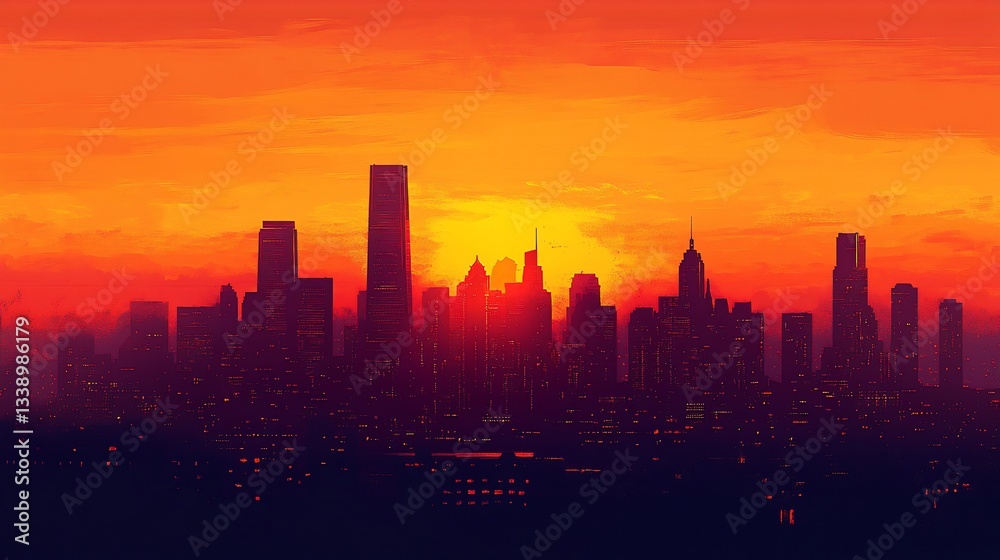 Sunset over a city skyline, creating a vibrant and dramatic scene. Sunset over a city skyline, creating a vibrant and dramatic scene.