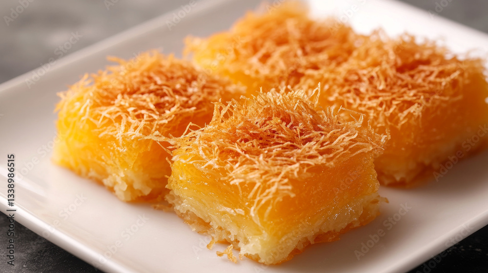 Sweets are arranged neatly on a white plate, showcasing layers of golden pastry topped with a crispy texture. The dish is served in a cozy setting, inviting anyone to indulge in its flavor Sweets are arranged neatly on a white plate, showcasing layers of golden pastry topped with a crispy texture. The dish is served in a cozy setting, inviting anyone to indulge in its flavor