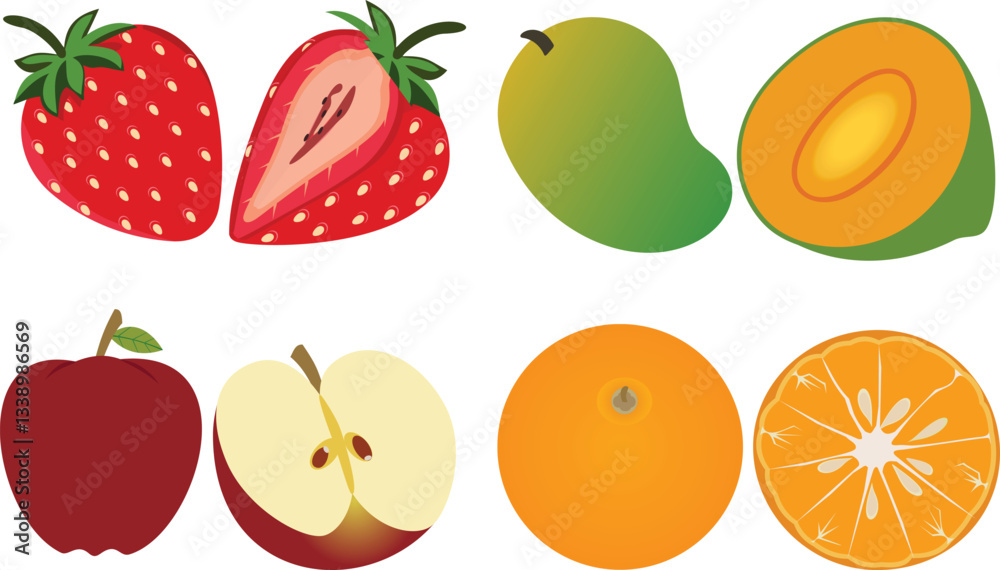 Vector set of sliced strawberries, apples, mangoes and oranges. Fruits contain vitamins. Flat design style Vector set of sliced strawberries, apples, mangoes and oranges. Fruits contain vitamins. Flat design style