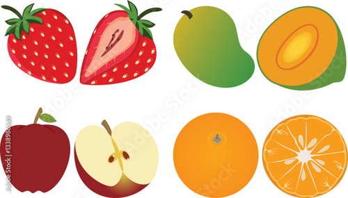 Vector set of sliced ​​strawberries, apples, mangoes and oranges. Fruits contain vitamins. Flat design style