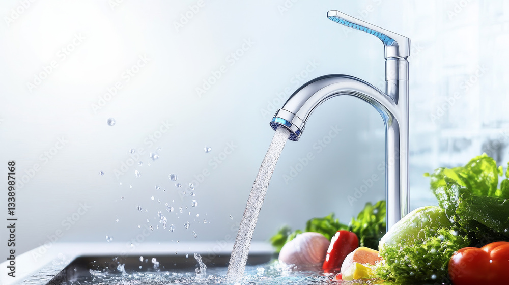 A sleek kitchen faucet pours clear water onto a variety of fresh vegetables including leafy greens and tomatoes, showcasing a vibrant and clean culinary environment A sleek kitchen faucet pours clear water onto a variety of fresh vegetables including leafy greens and tomatoes, showcasing a vibrant and clean culinary environment