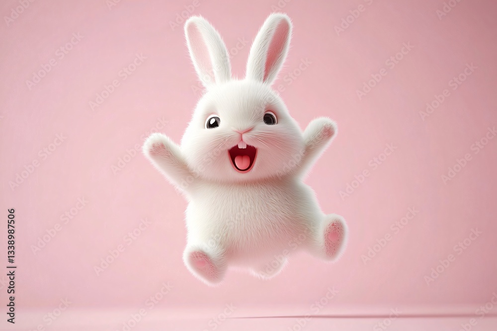 Obraz premium Joyful cartoon bunny mid-jump on a soft pink background, ideal for Easter and spring designs, children's products, or cheerful invitations.
