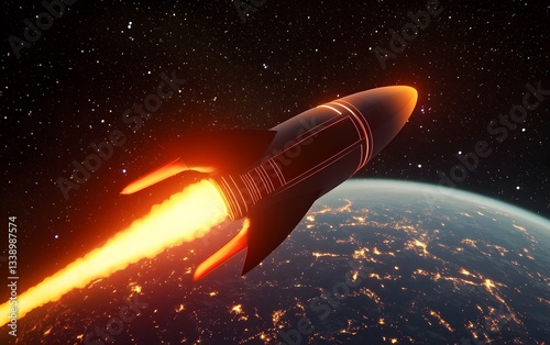 Wallpaper Mural A retro-styled spaceship with a 1950s sci-fi aesthetic, smooth curves, and bright red rocket thrusters, flying through space. Torontodigital.ca